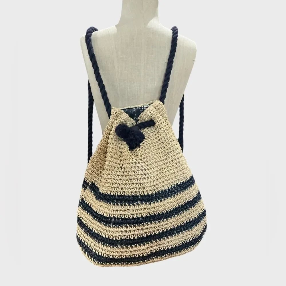 Cynthia Rowley Straw Drawstring Backpack Cream Navy Woven Boho Bag